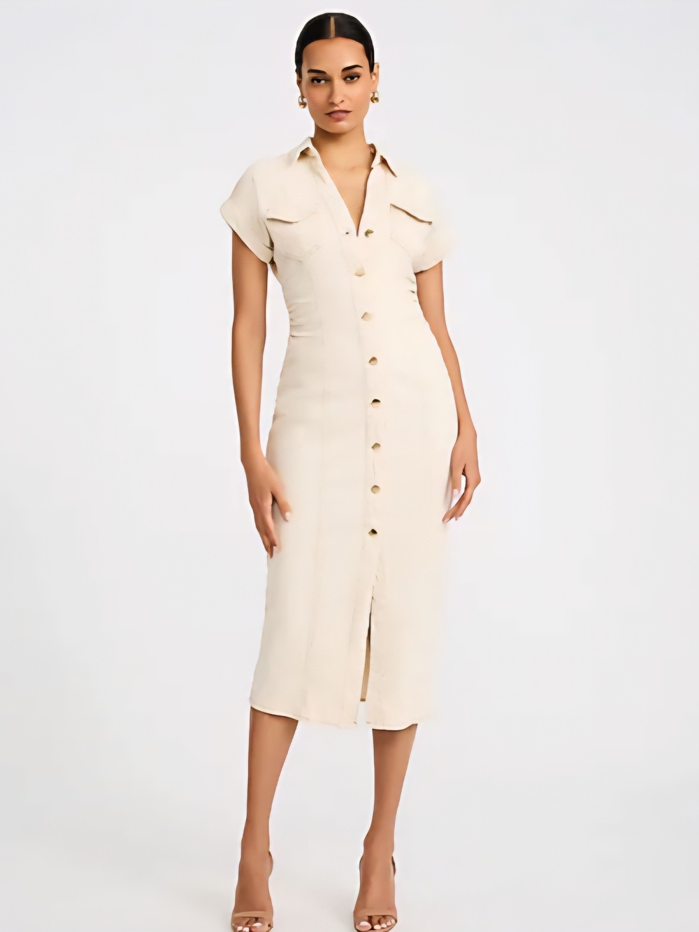Express Stretch Denim Cap Sleeve Button Front Midi Sheath Dress
